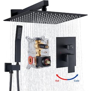 Rainfall Single Handle 1-Spray Square 12 in. Shower Faucets 1.8 GPM with Pressure Balance in. Black (Valve Included)
