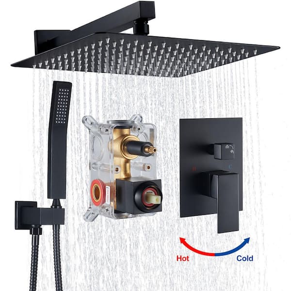 Heemli Rainfall Single Handle 1-Spray Square 12 in. Shower Faucets 1.8 GPM with Pressure Balance in. Black (Valve Included)