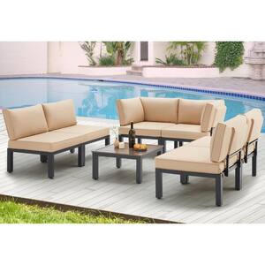 Black 7-Piece Metal Patio Sectional Conversation Set with Beige Cushions