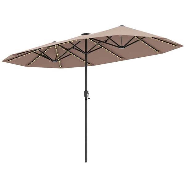 Costway 13 ft. Metal Market Solar Large Patio Umbrella with LED Solar Lights Crank Handle 12-Heavy Duty Ribs in Brown