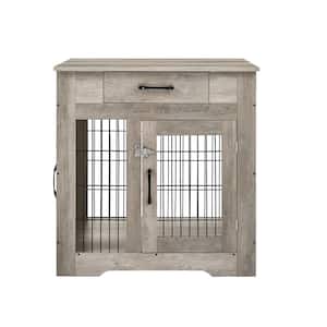 29.92 in. Gray Rectangle Wood End Table with 1-Drawer, Pet Kennels with Double Doors & Cushion, Nightstand Side Table