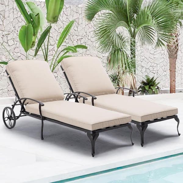78.75 in. L Aluminum Chaise Lounge Outdoor Chair with Wheels Adjustable Reclining and Beige Cushions (2-Pack)