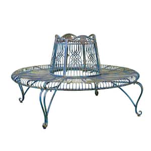 61.5 in. Round 4- Seater Metal Outdoor Tree Bench in Antique Blue