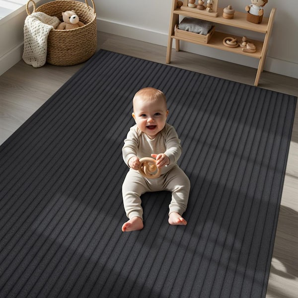 UltraPlush Touch 4 ft. x 6 ft. Dark Grey Non-Slip Rubber Back Washable Polyester Stripes Indoor Area Rug