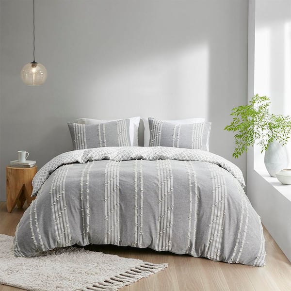 INK+IVY Kara 3-Piece Gray Cotton Full/Queen Jacquard Duvet Cover Set