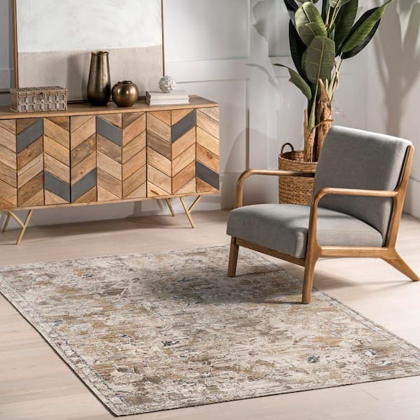 Zenni Vintage Floral Indoor/Outdoor Machine Washable Transitional Beige 5 ft. x 8 ft. Area Rug
