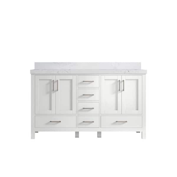 Willow Collections Malibu 60 in. W x 22 in. D x 36 in. H Double Sink Bath Vanity in White with 2 in. Empira Quartz Top