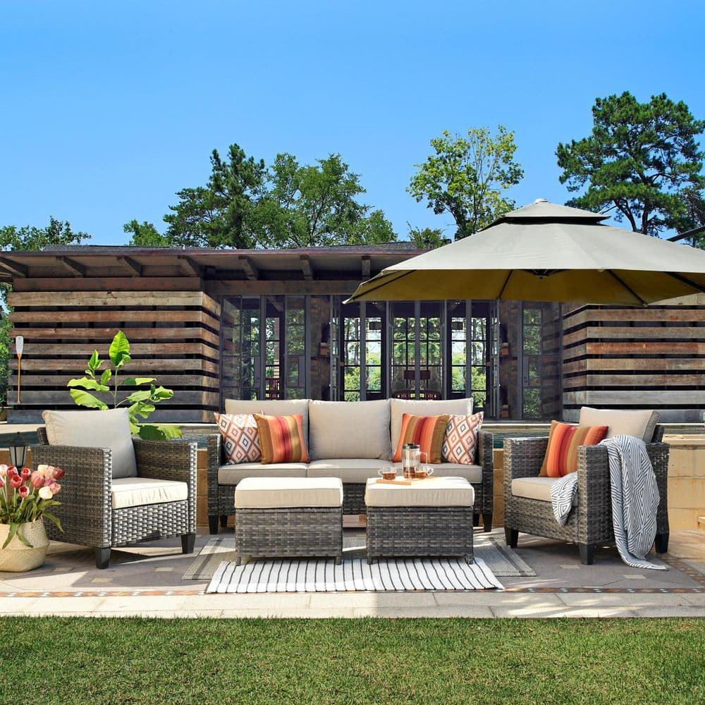 OVIOS New Vultros Gray 5-Piece Wicker Outdoor Patio Conversation Seating Set with Beige Cushions GRS602