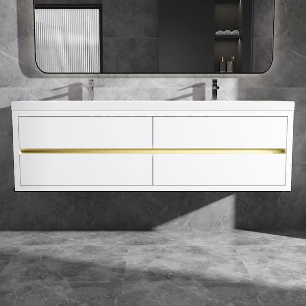 72 in. Wall-Mounted Floating Bath Vanity in White with Double Solid Surface Sink Top in White