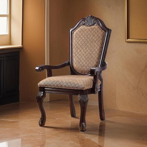 Benjara Brown and Beige Fabric Crown Top Back Dining Armchair (Set of 2)