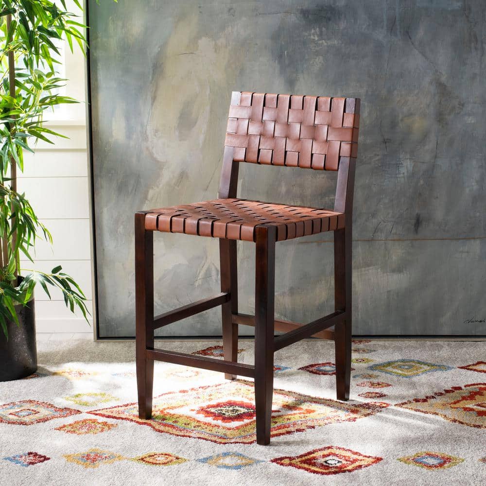 Cognac Woven Leather and Walnut Counter Stool
