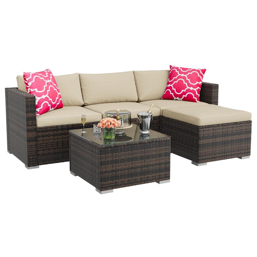 5-Piece Brown Wicker Outdoor Sectional Sofa Patio Conversation Set w/ khaki Cushions,Red Pillow & Glass Coffee Table price history on PriceWatchPro
