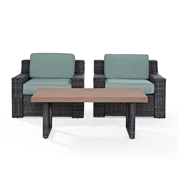 CROSLEY FURNITURE Beaufort 3-Piece Wicker Patio Outdoor Seating Set with Mist Cushion - 2 Wicker Outdoor Chairs, Coffee Table
