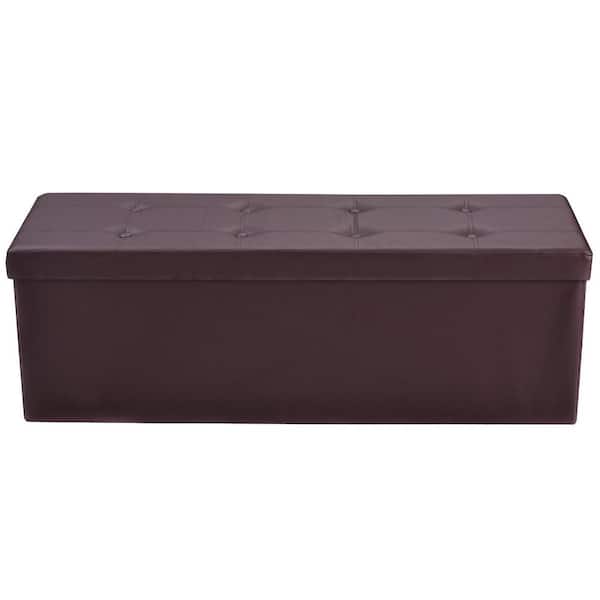 Costway Brown 45 in. x 15 in. x 15 in. Large Folding Storage Faux Leather Ottoman Pouffe Box Stool