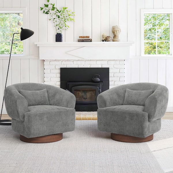 Gek 32 in. Gray Chenille Upholstered Barrel Chair 360°Swivel Accent Chair Barrel Chair with Wood Base Set of 2