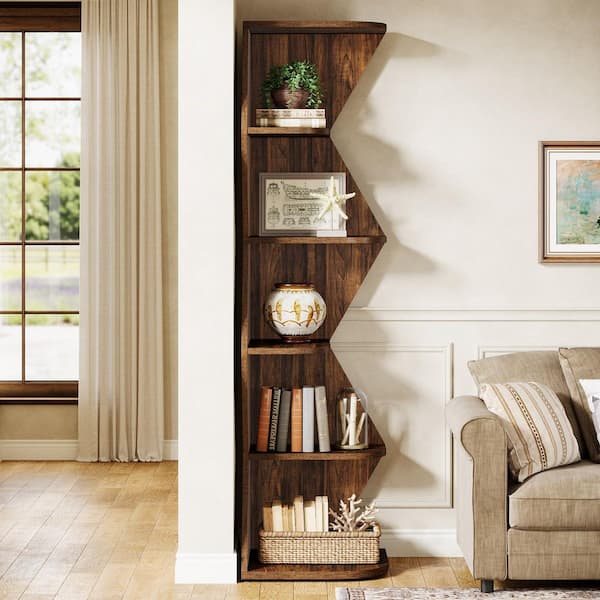 BYBLIGHT Eulas 70.9 in. Tall Rich Brown Wood Corner Accent Bookcase with 5 Open Shelves and Decorative Geometric Shape