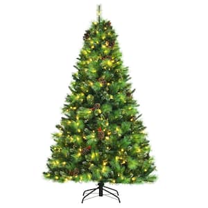 7 FT Pre-lit Artificial Christmas Tree Hinged Xmas Tree w/LED Lights