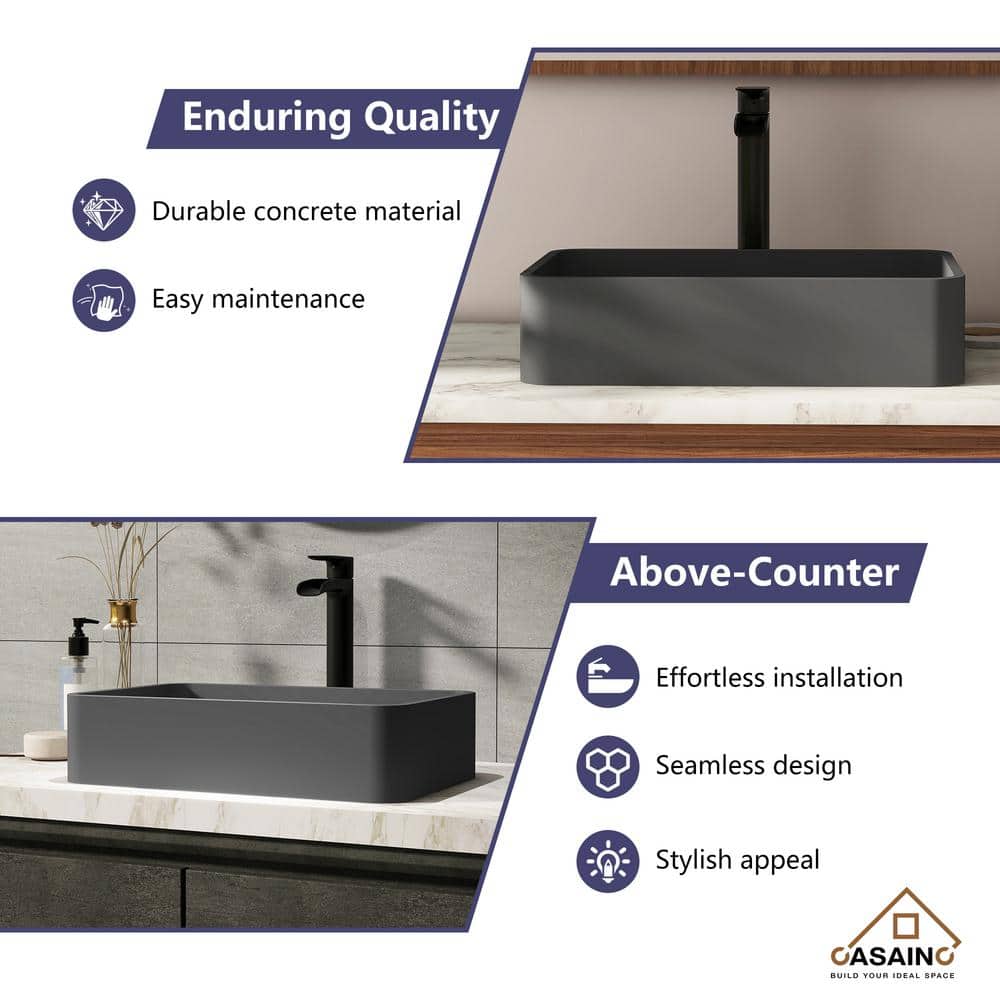Black Earth Rectangular Concrete Bathroom Vessel Sink with Drainer