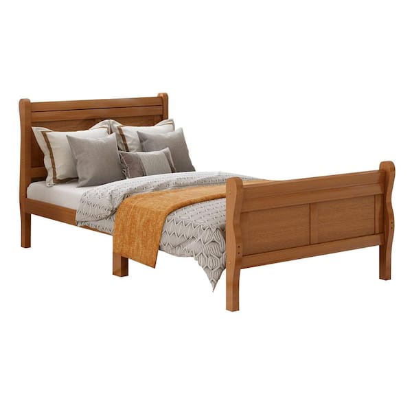 41.30 in. W Oak Twin Solid Wood Sleigh Bed with Headboard Footboard Wood Slat Support