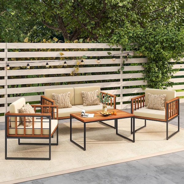 FORCLOVER 4 of Pieces Acacia Wood Sectional Seating Set with Beige Cushions