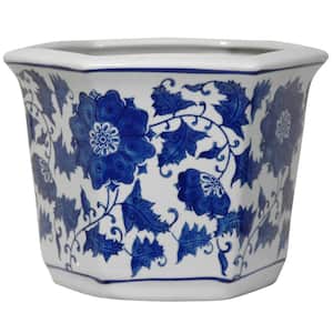 10 in. Floral Blue and White Porcelain Flower Pot