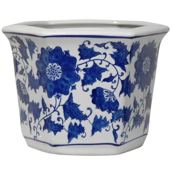 Oriental Furniture 10 in. Floral Blue and White Porcelain Flower Pot