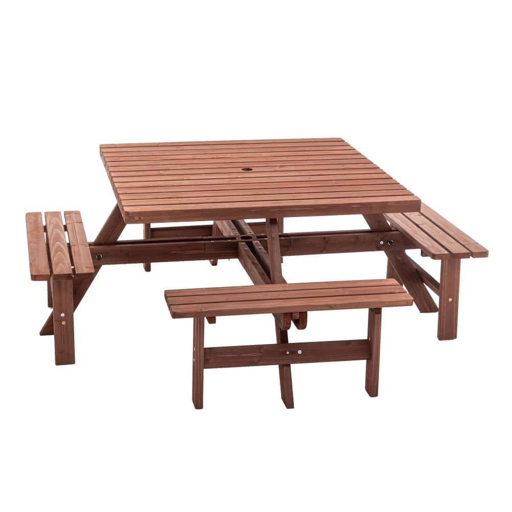 Brown Square Picnic Table, Solid Wood Outdoor Dining Set with Umbrella Hole Waterproof & Sturdy Cross Structure price history on PriceWatchPro
