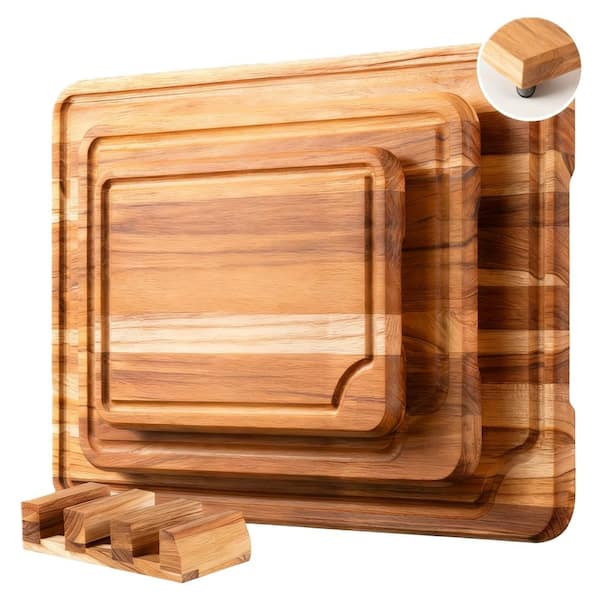 3-Piece Teak Wood Cutting Board Set with Built-in Handles and Holder, Build-in Groove, Non Slip Feet, Non Toxic