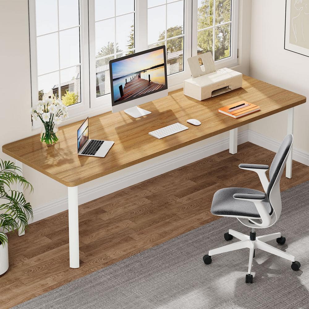 Moronia 78.74 in. Rectangular Oak and White Wood Computer Desk with Adjustable Foot Pads, 2 Person Desk for Home Office