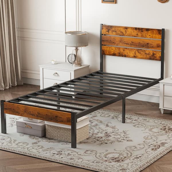 Rust Brown Wood Frame Twin Size Platform Bed Frame with Headboard and Footboard, 700lbs Support