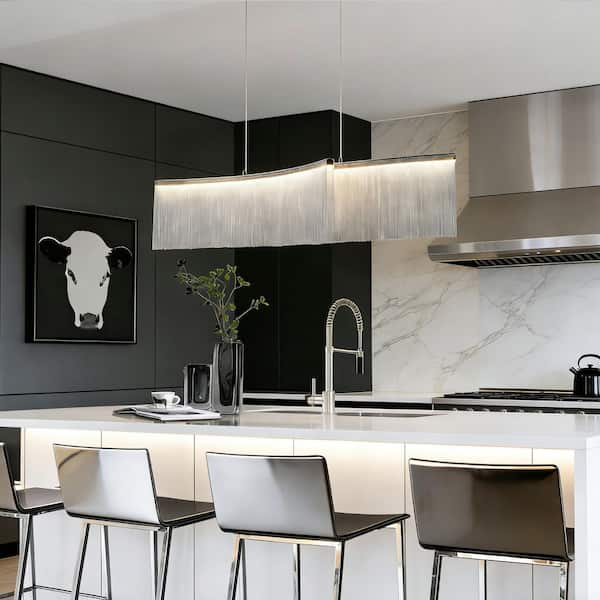 Veils 2-Light Integrated LED Plated Brass Linear Island Chandelier with Metal Silver Tassel for Kitchen Dining Room Bar