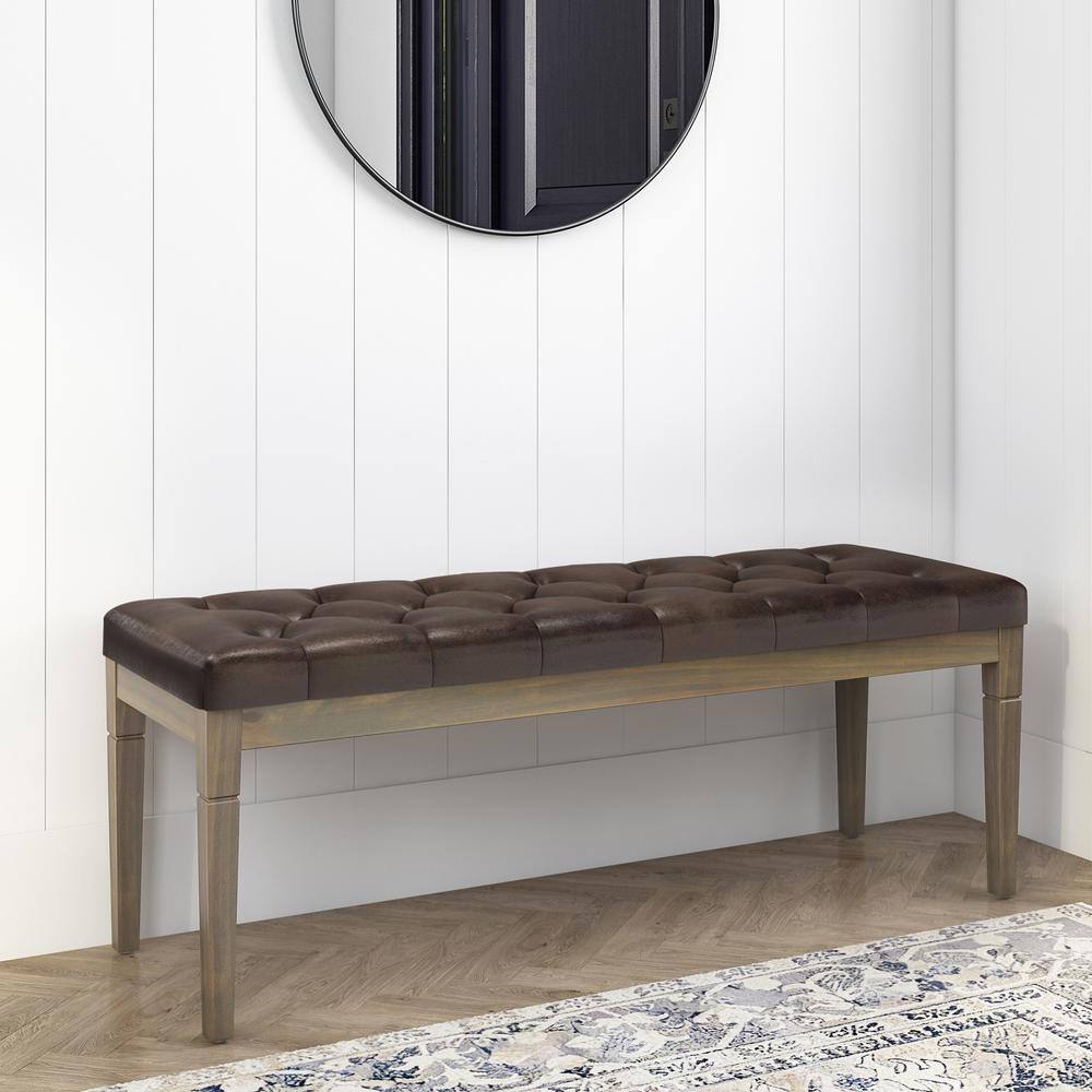 Distressed Brown Faux Leather Tufted Ottoman Bench