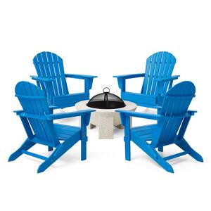 5-Piece Outdoor Modern Faux Terrazzo MGO Wood Burning Patio Fire Pit and Pacific Blue HDPE Folding Adirondack Chairs Set