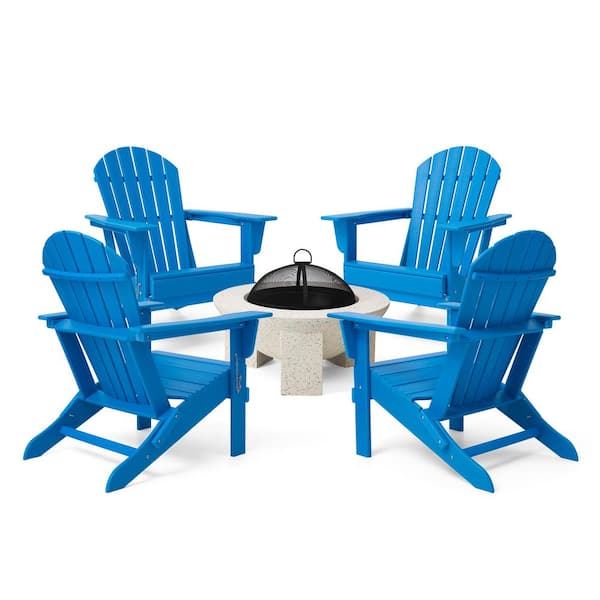 Glitzhome 5-Piece Outdoor Modern Faux Terrazzo MGO Wood Burning Patio Fire Pit and Pacific Blue HDPE Folding Adirondack Chairs Set