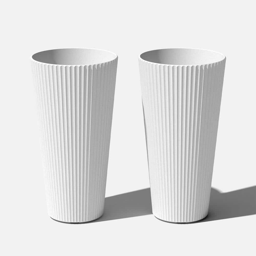 Demi Medium White Plastic Round Planter with Drainage Holes (14.75 in. L x 14.75 in. W x 26.25 in. H) (2-Pack) price history on PriceWatchPro
