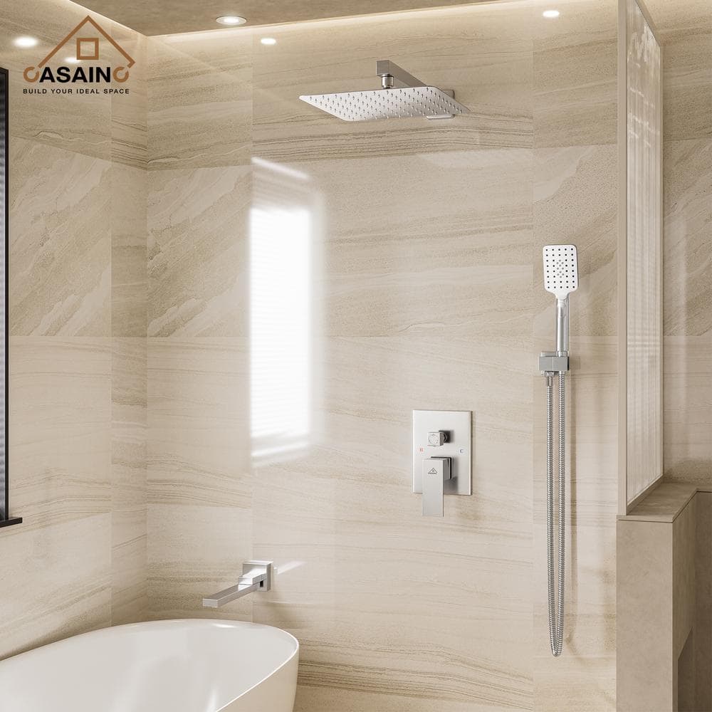 Brushed Nickel Wall Mounted Square Rain Shower System with Handheld