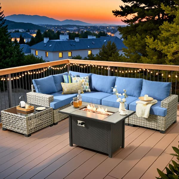 XIZZI Ligne 7-Pieces Wicker Outdoor Patio Rectangular Fire Pit Sets with Diamond Blue Cushions