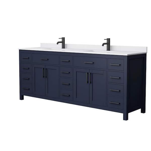 Wyndham Collection Beckett 84 in. W x 22 in. D x 35 in. H Double Sink Bathroom Vanity in Dark Blue with White Cultured Marble Top