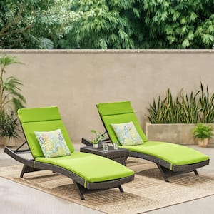 Miller Multi-Brown 3-Piece Faux Rattan Outdoor Chaise Lounge and Table Set with Bright Green Cushions