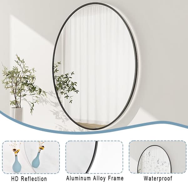 24 in. W x 32 in. H Modern Oval Black Aluminum Alloy Framed Wall Mirror