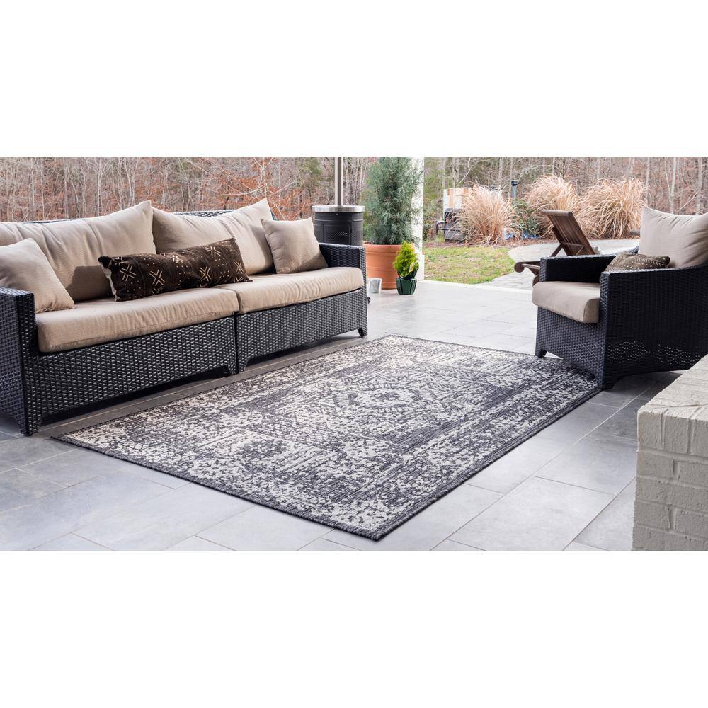 Charcoal Gray Flat Woven Synthetic 5' x 8' Outdoor Rug