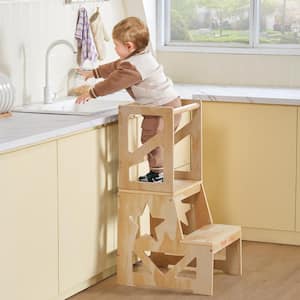 Toddler Step Stool 150lbs. Load Natural Pine Wood Toddler Stool Helper with Safety Rail for Bedroom Bathroom Kitchen Kid
