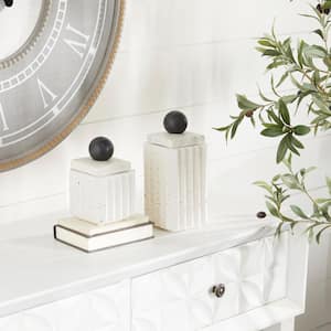 White Ceramic Decorative Jars with Black Finial (Set of 2)