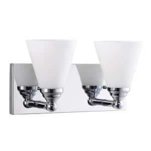 15.2 in. 2-light Brushed Nickel Bathroom Powder Room Vanity Light with Cone Shape Frosted Glass Shades