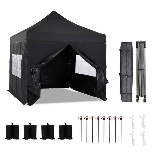 Aoodor 10 ft. x 10 ft. Heavy-Duty Commercial Instant Pop Up Canopy Tent with Sidewalls and Wheeled Bag and Weight Bags-Black