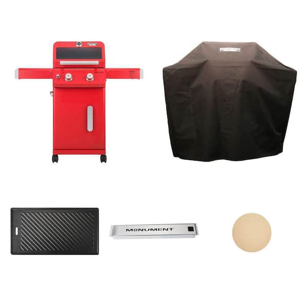 Mesa 2-Burner Red Grill with LED, 43 in. Cover, Cast Iron Plate, Smoke Box and Pizza Stone