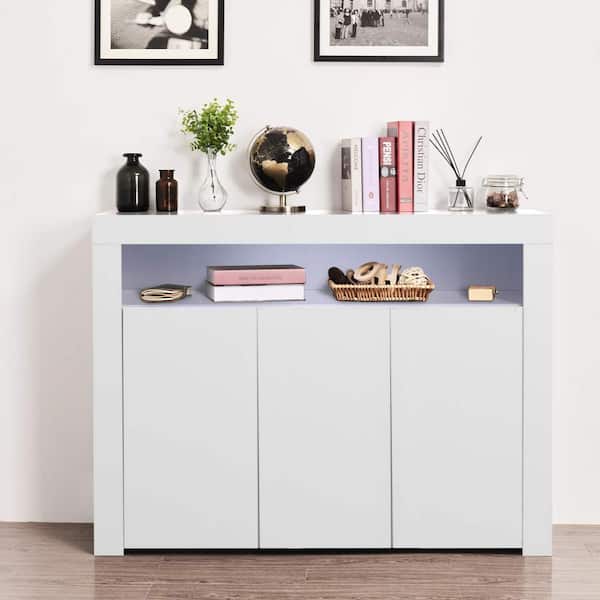 CSC DECOR INC White Wood 51 in. Sideboard Storage Cabinet with LED Light Modern Cupboard Buffet Storage Display Cabinet with 3-Doors
