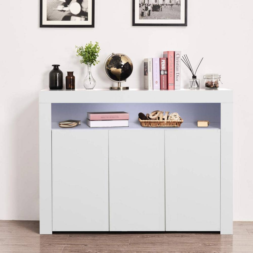 White Wood 51 in. Sideboard Storage Cabinet with LED Light Modern Cupboard 