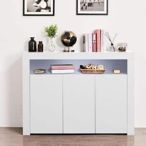 White Wood 51 in. Sideboard Storage Cabinet with LED Light Modern Cupboard Buffet Storage Display Cabinet with 3-Doors