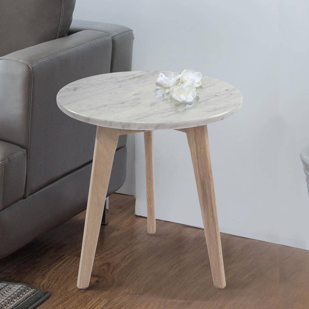 16" Round Italian Carrara White Marble End Table with Oak Finish